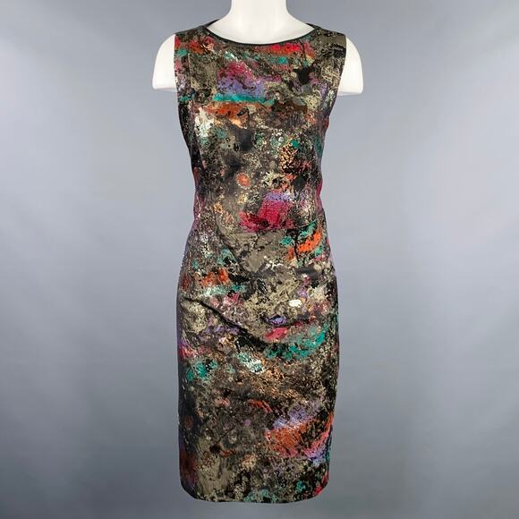 J.MENDEL Size 10 Black Multi Color Silk Blend Marbled Lambskin Sleeveless Dress